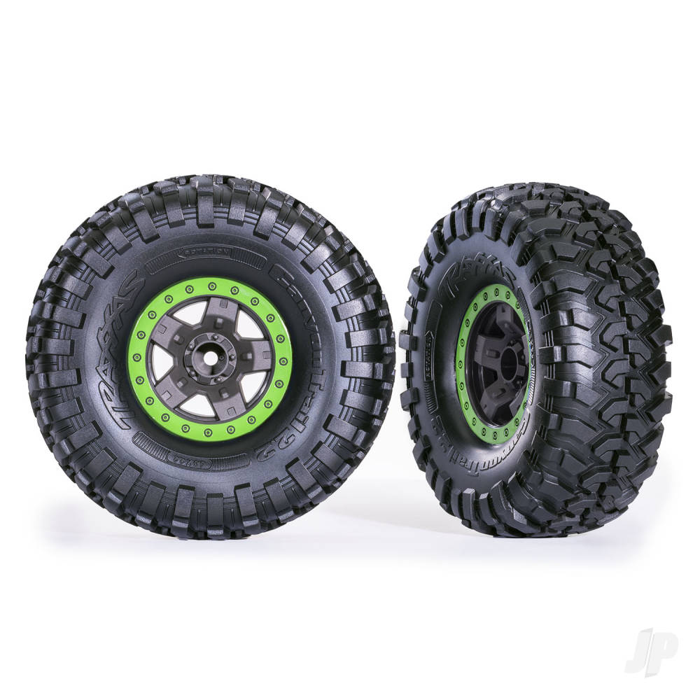 Traxxas Tyres & wheels, assembled, glued (TRX-4 Sport 2.2" gray, green beadlock style wheels, Canyon Trail 5.3x2.2" Tyres) (2) TRX8181-GRN