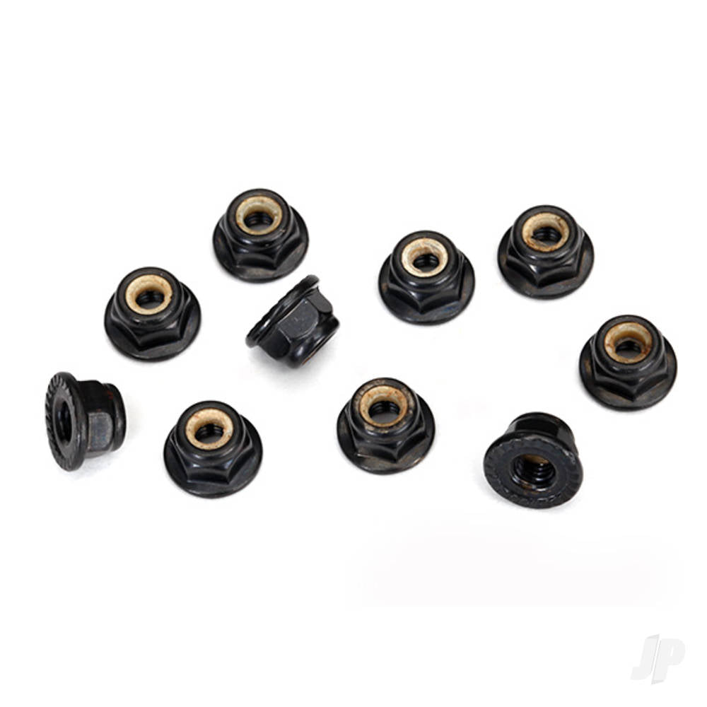 Traxxas Nuts, 4mm flanged nylon locking, serrated (black) (10 pcs) TRX8347