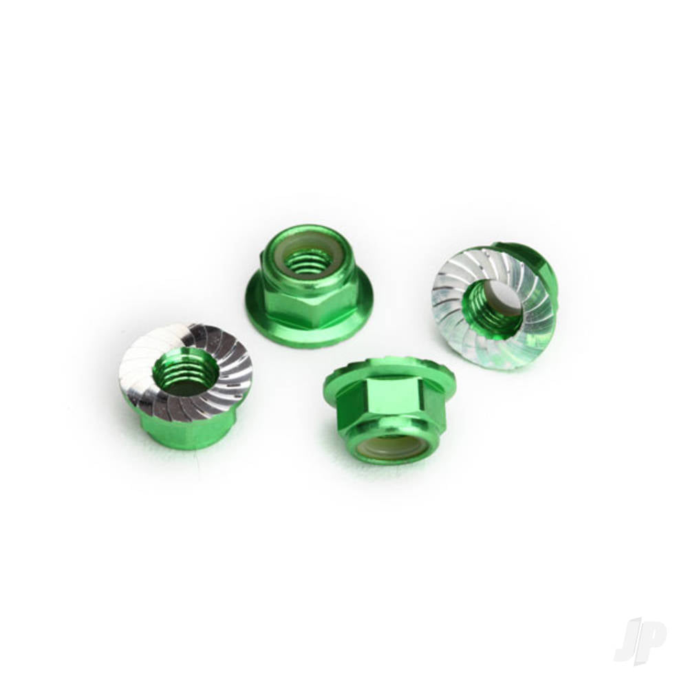 Traxxas Nuts, 5mm flanged nylon locking (Aluminium, Green-anodised, serrated) (4 pcs) TRX8447G