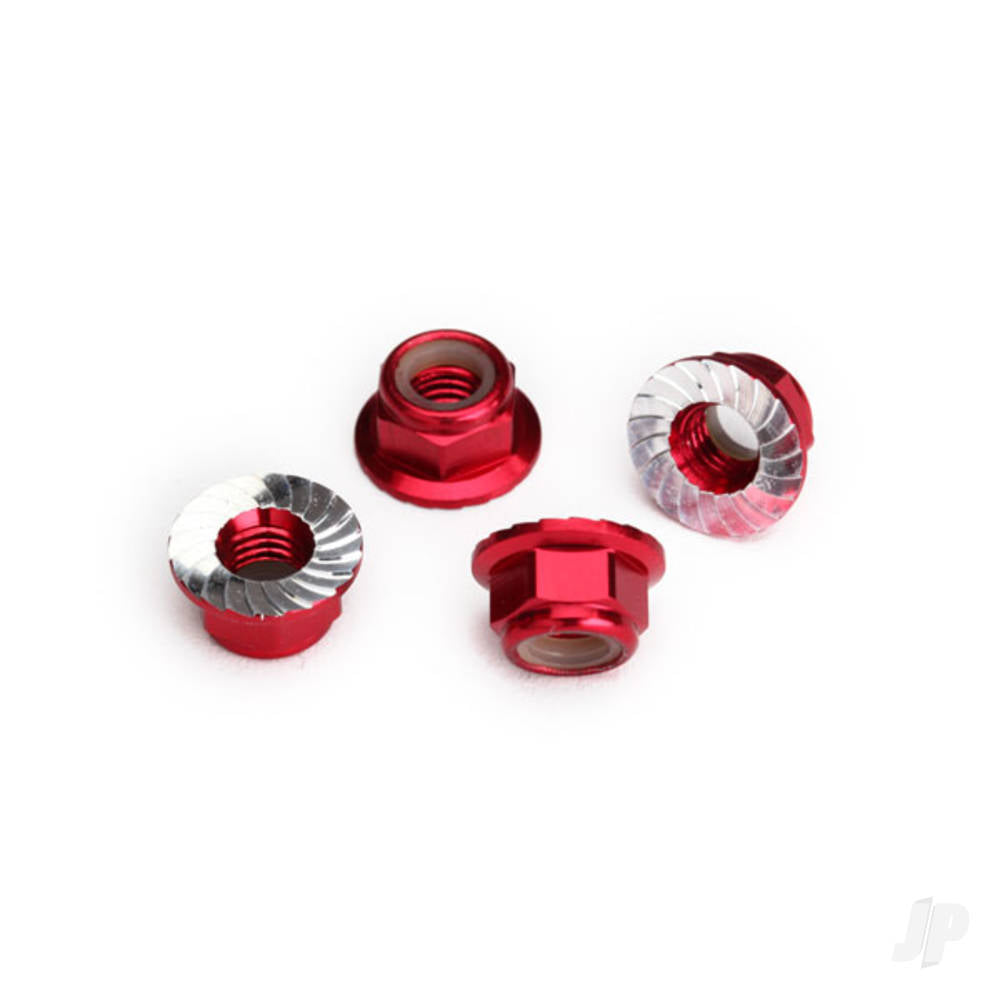 Traxxas Nuts, 5mm flanged nylon locking (Aluminium, Red-anodised, serrated) (4 pcs) TRX8447R