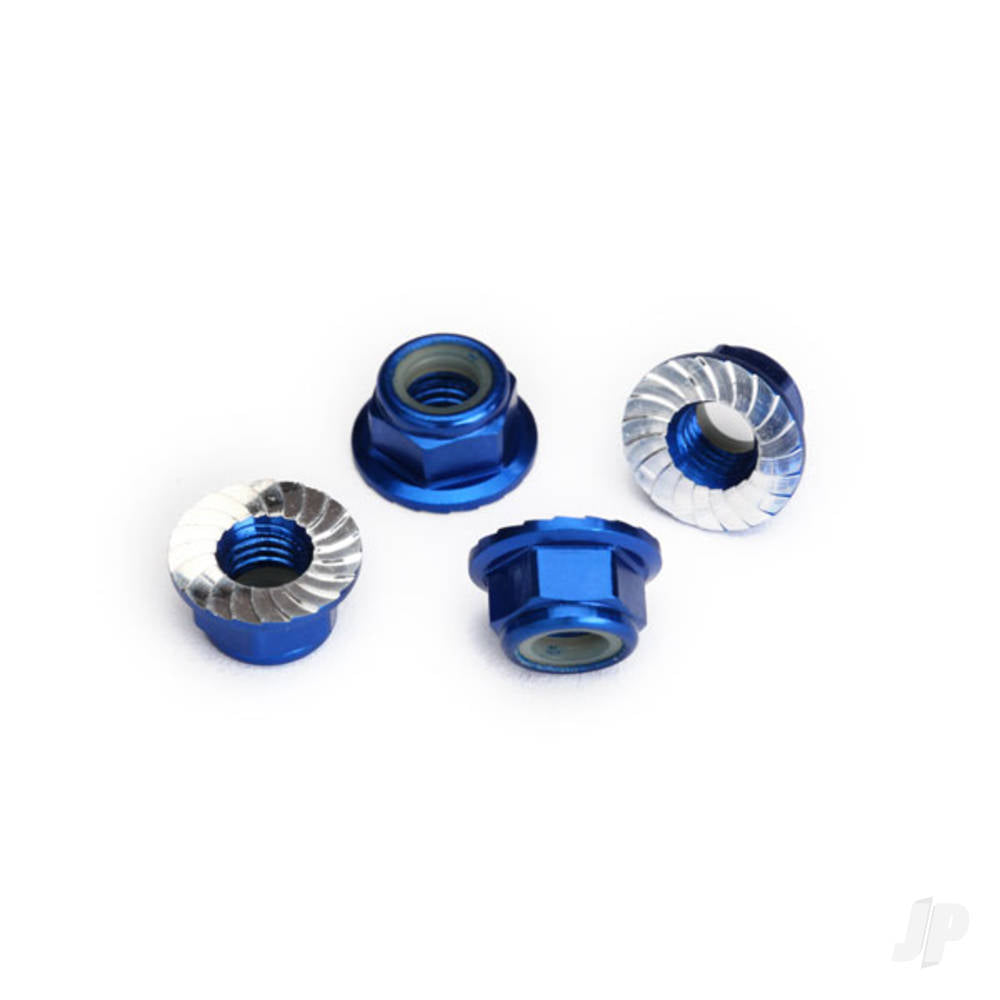 Traxxas Nuts, 5mm flanged nylon locking (Aluminium, Blue-anodised, serrated) (4 pcs) TRX8447X