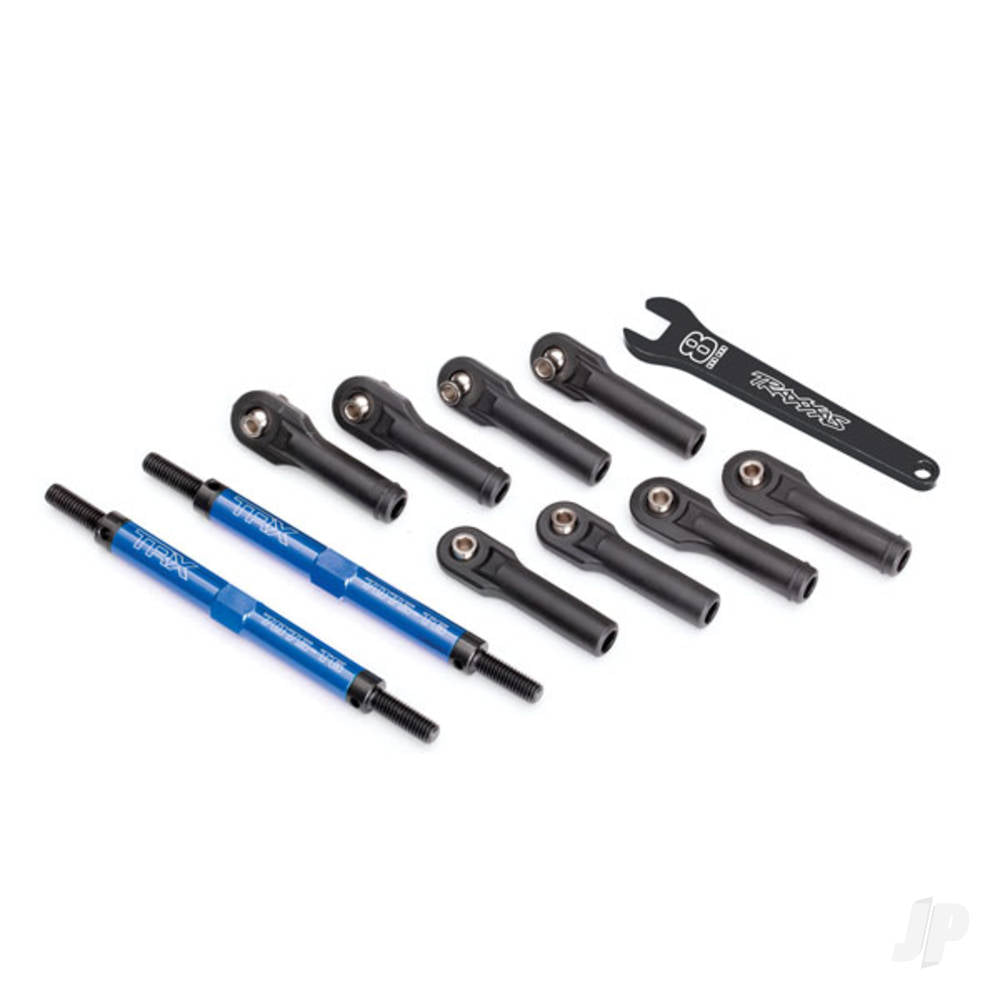 Traxxas Toe links, E-Revo VXL (Tubes Blue-anodised, 7075-T6 aluminium, stronger than titanium) (144mm) (2 pcs) / rod ends, assembled with Steel hollow balls (8 pcs) / aluminium wrench, 10mm (1pc) TRX8638X