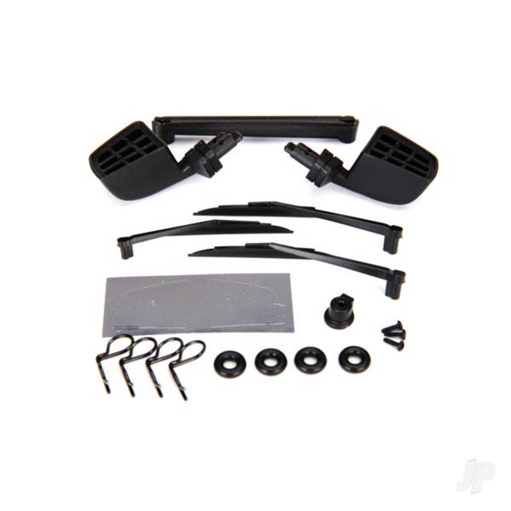 Traxxas Mirrors, side, black (left & right) / o-rings (4 pcs) / windshield wipers, left, right, & Rear / wiper retainers (2 pcs) / Body clips (4 pcs) / 1.6x5 BCS (self-tapping) (3 pcs) TRX8817