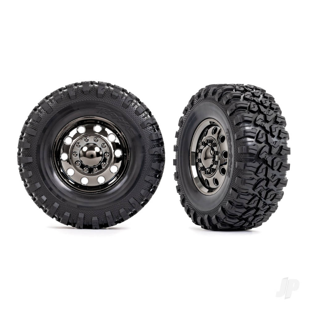 Traxxas Tyres and wheels, assembled, glued (TRX-6 Big Rig 2.2in black chrome wheels, Canyon RT 4.6x2.2in tyres, foam inserts) (front) (2)/ Center caps (black chrome) (2) TRX8854