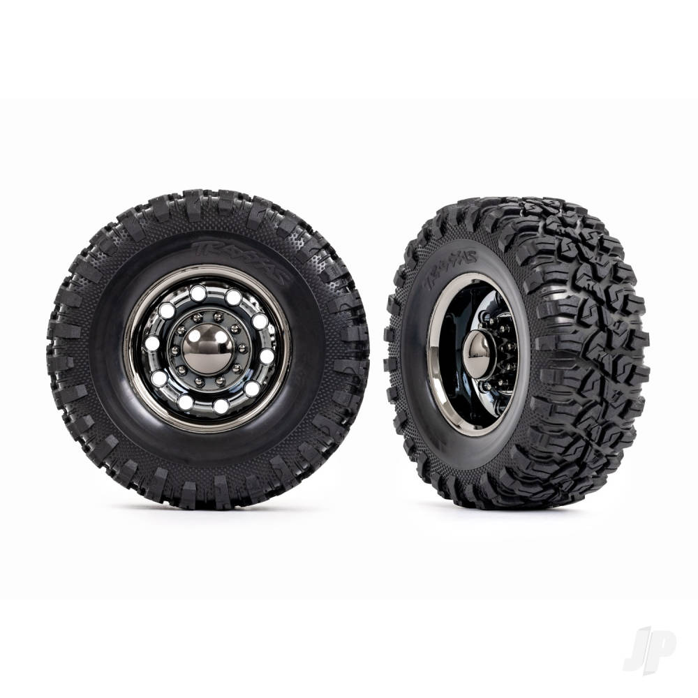 Traxxas Tyres and wheels, assembled, glued (TRX-6 Big Rig 2.2in black chrome wheels, Canyon RT 4.6x2.2in tyres, foam inserts) (rear) (2)/ Center caps (black chrome) (2) TRX8854X