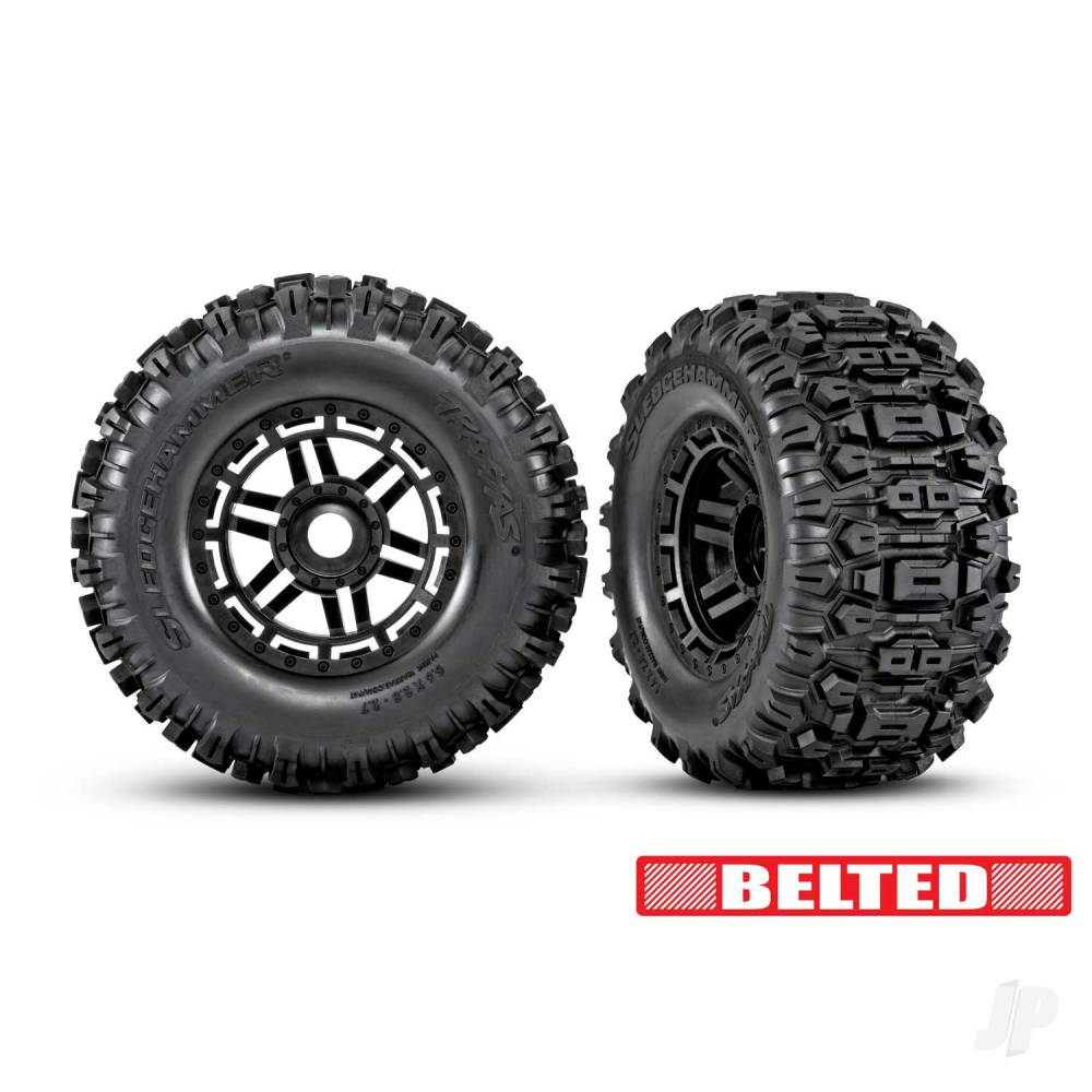 Traxxas Tyres & wheels, assembled, glued (black wheels, belted Sledgehammer All-Terrain tyres, dual profile (2.9" outer, 3.8" inner), foam inserts) (2) (17mm splined) (TSM rated) TRX8979