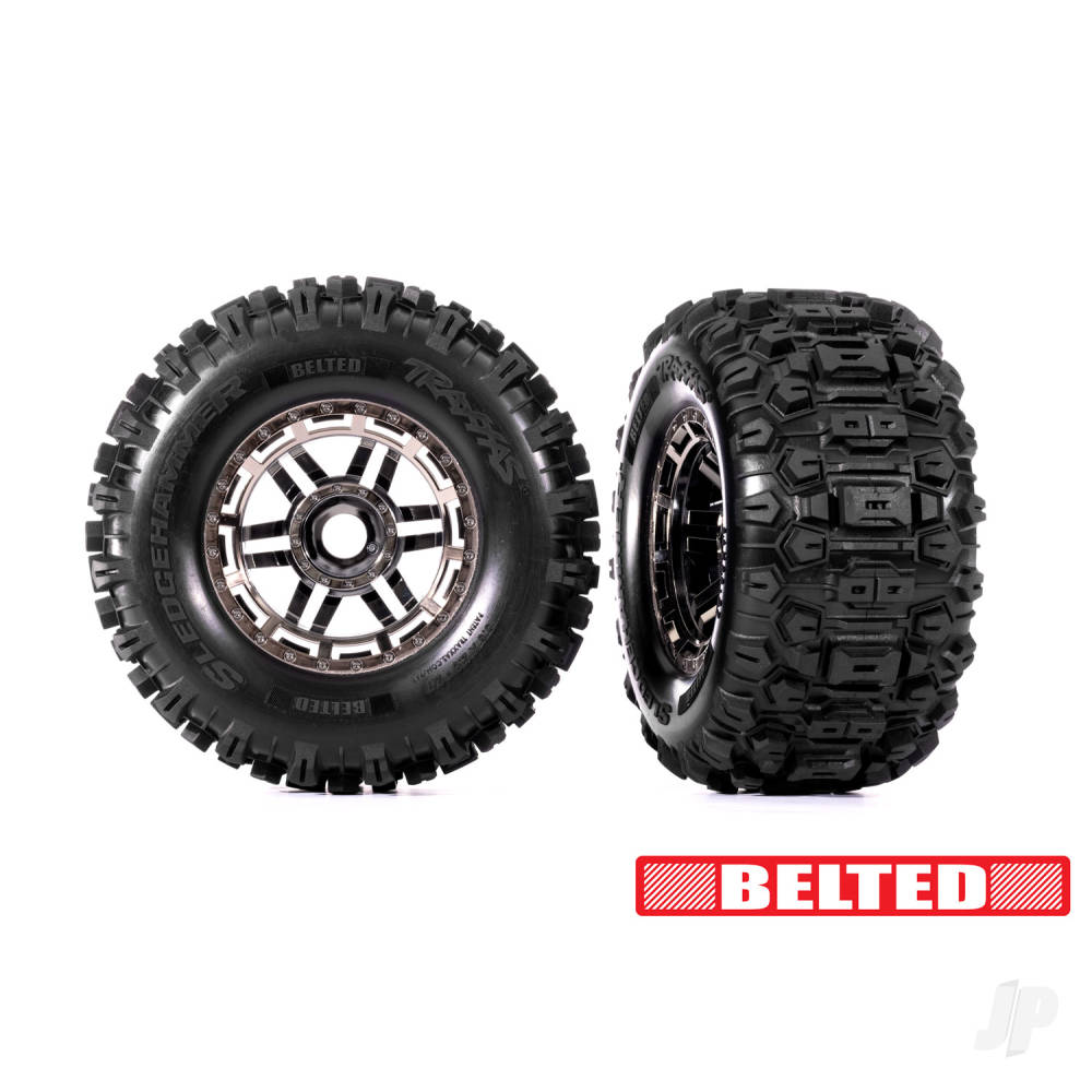 Traxxas Tyres & wheels, assembled, glued (black chrome wheels, belted Sledgehammer All-Terrain tyres, dual profile (2.9" outer, 3.8" inner), foam inserts) (2) (17mm splined) (TSM rated) TRX8979A