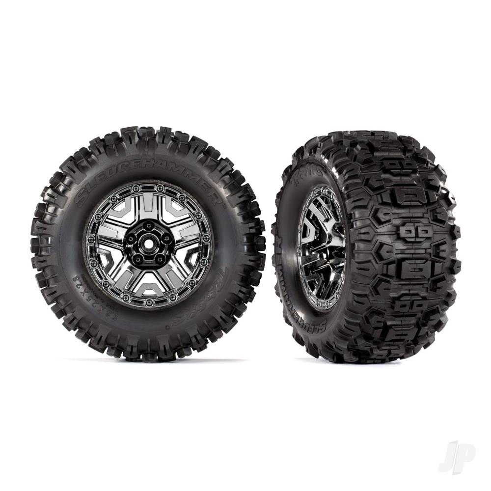 Traxxas Tyres and Wheels, Assembled, Glued (Black Chrome 2.8in Wheels, Sledgehammer Tyres, Foam Inserts) (2 pcs) (TSM Rated) TRX9072