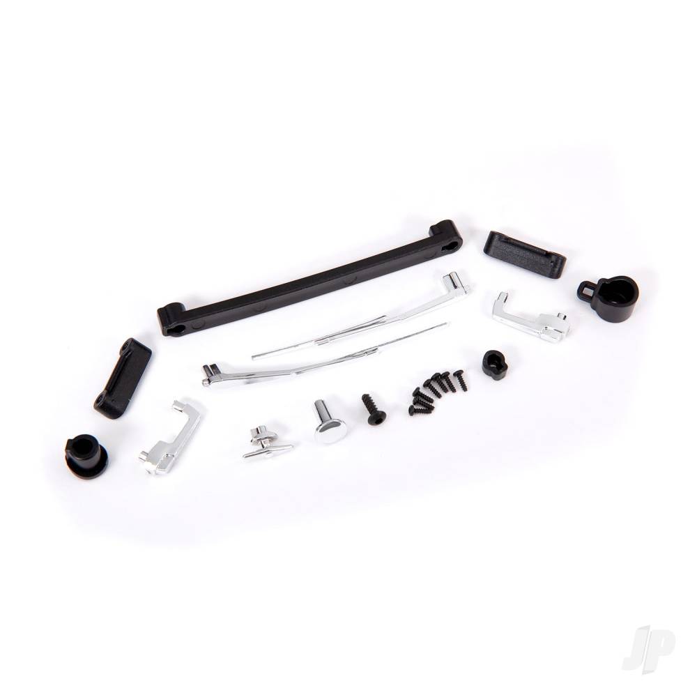 Traxxas Door handles, left, right, and rear/ retainers (3)/ windshield wipers, left & right/ retainer (1)/ fuel cap/ fuel flange/ fuel cap mount/ 1.6x5 BCS (self-tapping) (7)/ 2.6x8 BCS (1) TRX9115