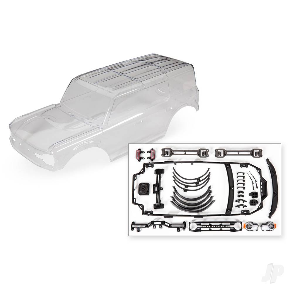 Traxxas Body, Ford Bronco (2021) (clear, requires painting)/ decals/ window masks (includes grille, side mirrors, door handles, fender flares, windshield wipers, spare tyre mount, clipless mounting, hardware) (requires #8080X inner fenders) TRX9211