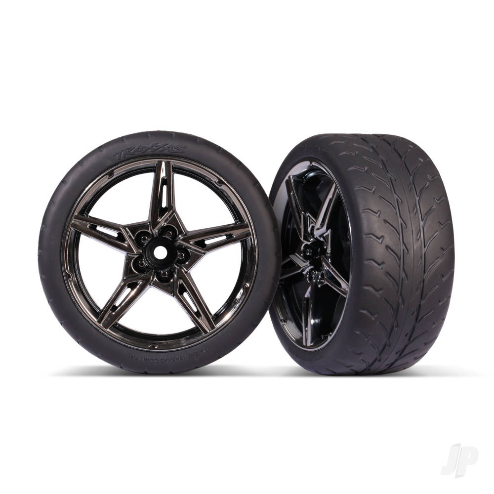 Traxxas Tyres and wheels, assembled, glued (split-spoke black chrome wheels,Ã1.9' Response tyres) (extra wide, rear) (2) TRX9371