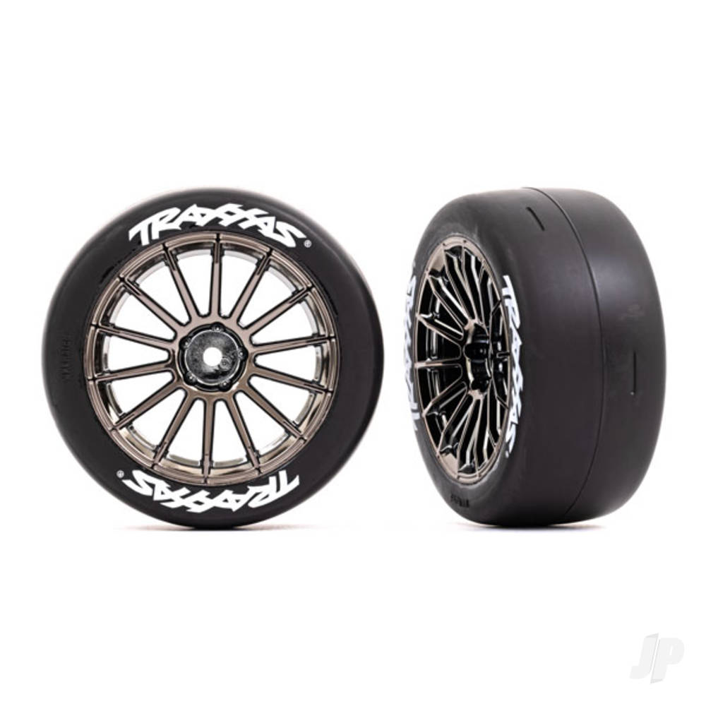 Traxxas Tyres and wheels, assembled, glued (multi-spoke black chrome wheels, 2.0" slick Tyres with Traxxas logo, foam inserts) (front) (2) (VXL rated) TRX9374R