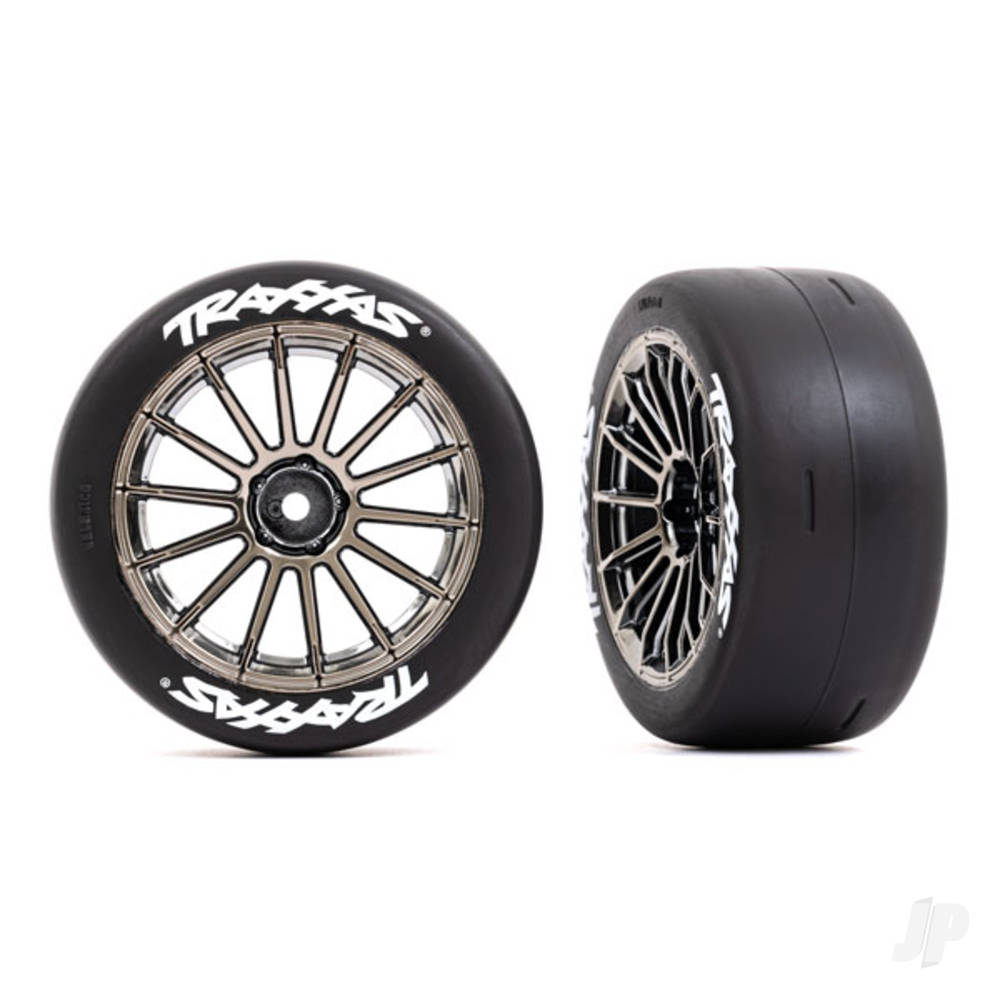 Traxxas Tyres and wheels, assembled, glued (multi-spoke black chrome wheels, 2.0" slick Tyres with Traxxas logo, foam inserts) (rear) (2) (VXL rated) TRX9375R