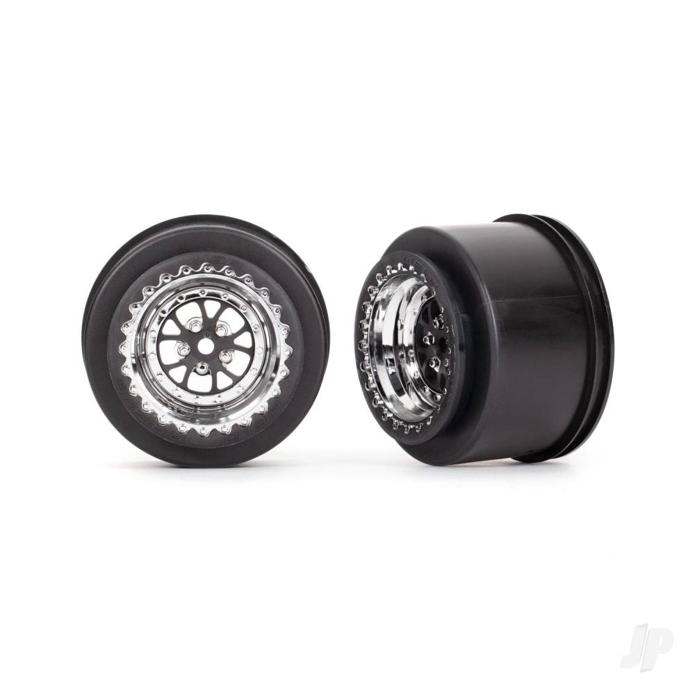 Traxxas Wheels, Weld chrome with black (rear) (2) TRX9473R