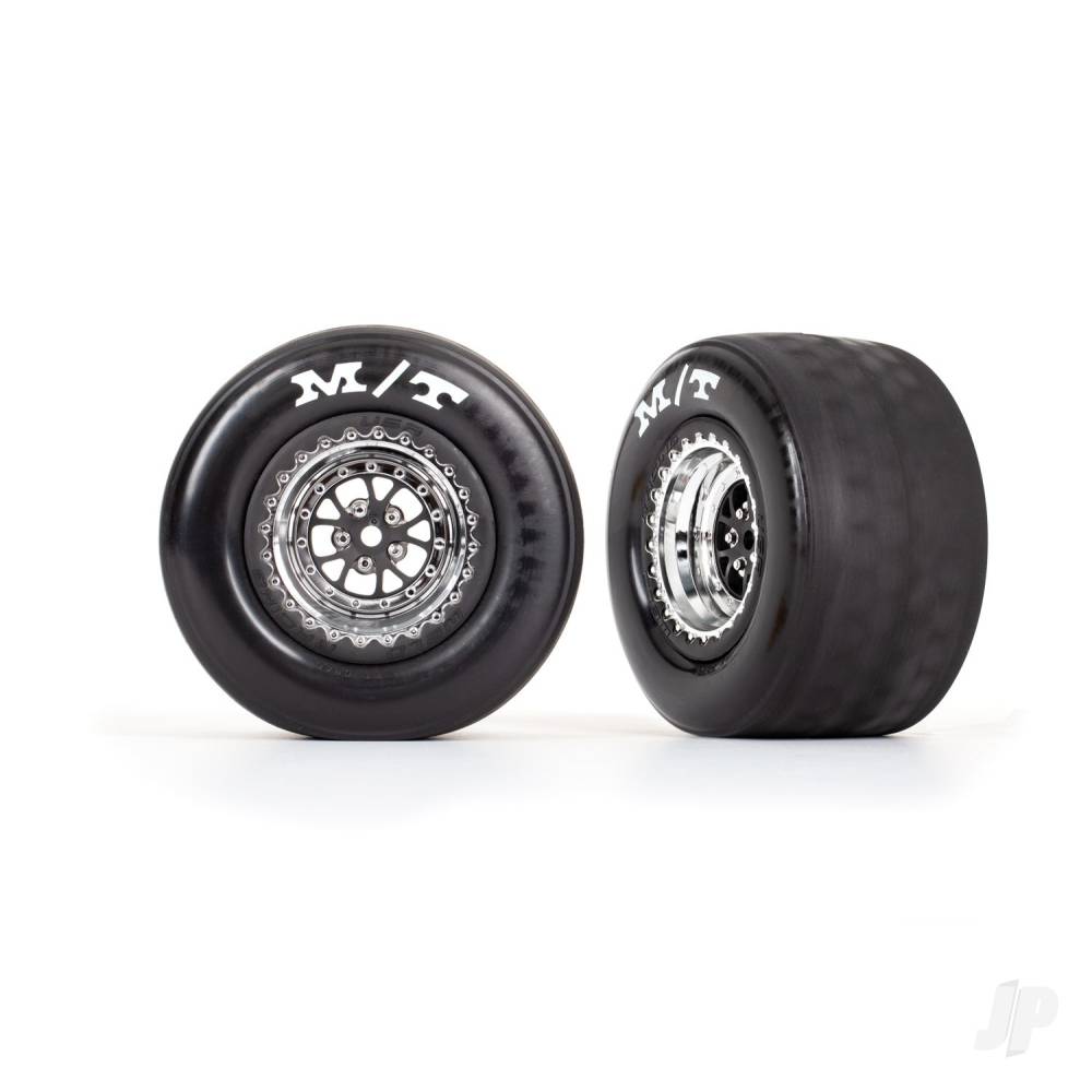 Traxxas Tyres & wheels, assembled, glued (Weld chrome with black wheels, tyres, foam inserts) (rear) (2) TRX9475R