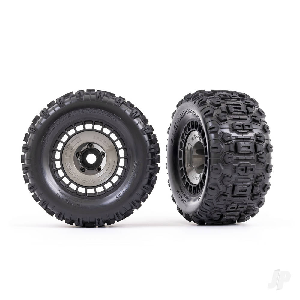 Traxxas Tyres and wheels, assembled, glued (3.8in black wheels, gray wheel covers, Sledgehammer tyres, foam inserts) (2) TRX9572