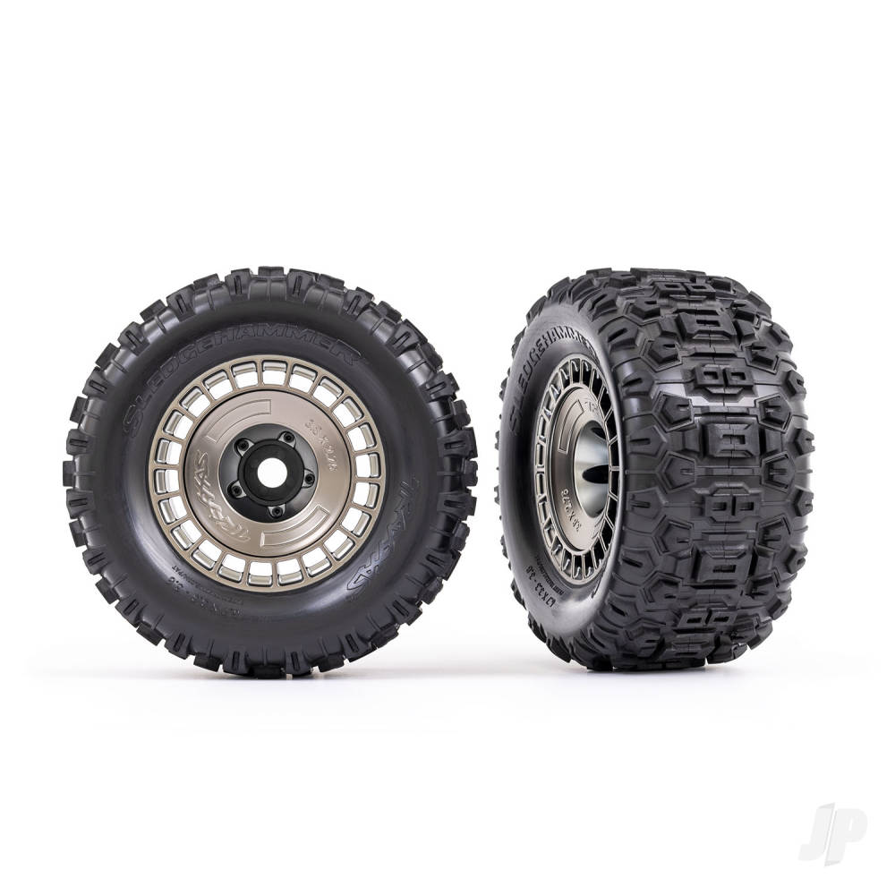 Traxxas Tyres and wheels, assembled, glued (3.8in satin black chrome wheels, satin black chrome wheel covers, Sledgehammer tyres, foam inserts) (2) TRX9572A