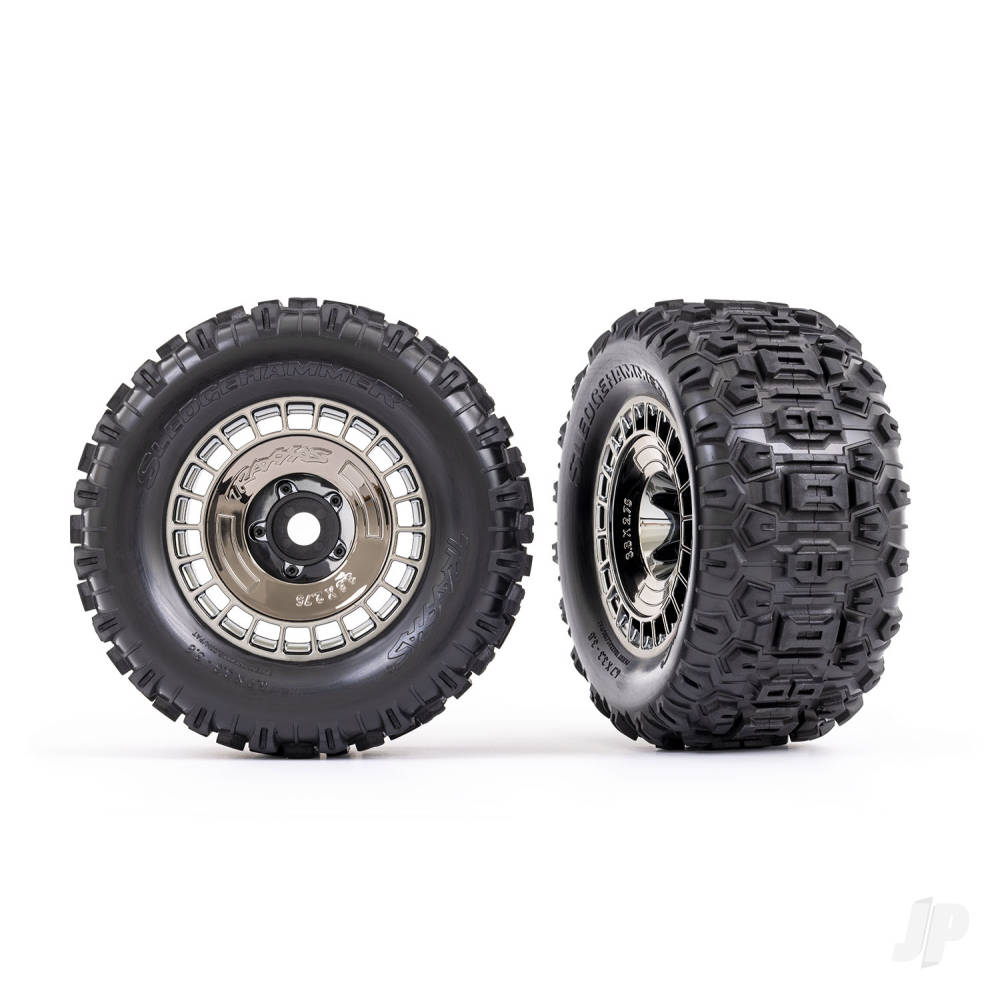 Traxxas Tyres and wheels, assembled, glued (3.8in black chrome wheels, black chrome wheel covers, Sledgehammer tyres, foam inserts) (2) TRX9572T