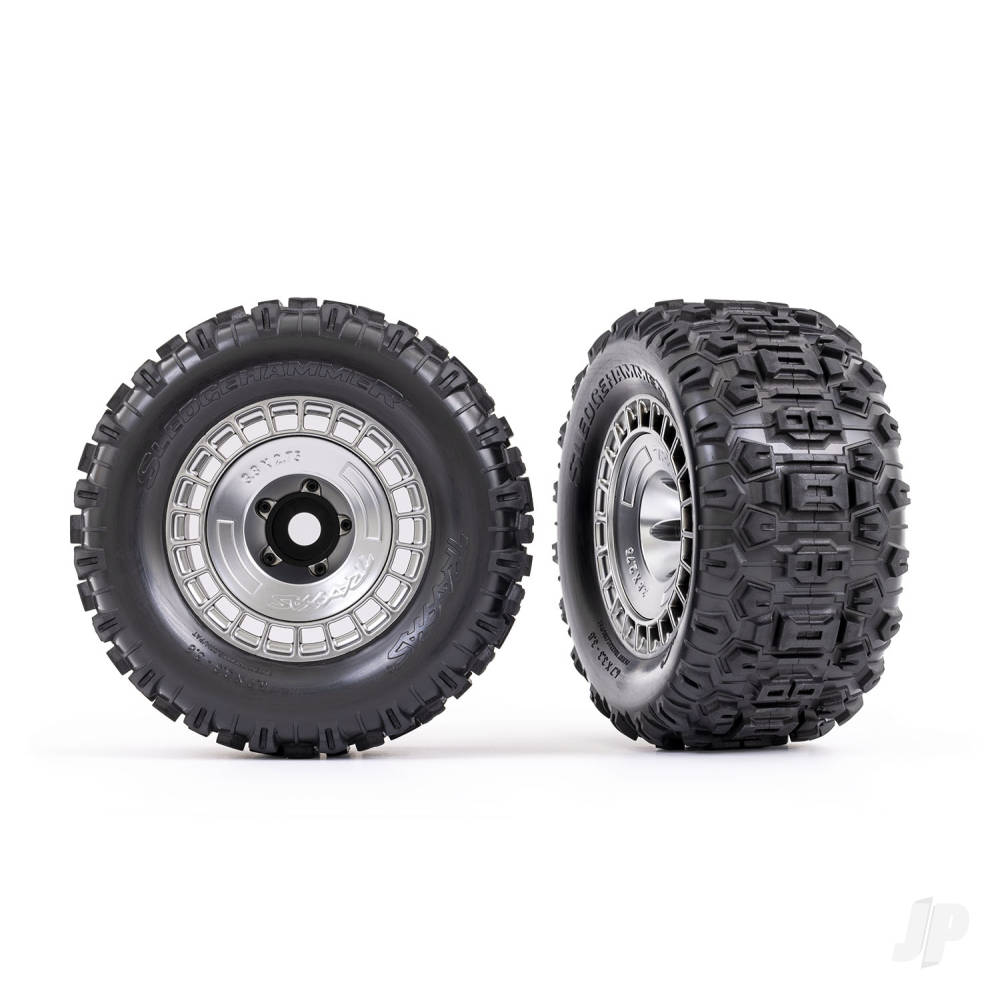 Traxxas Tyres and wheels, assembled, glued (3.8in satin chrome wheels, satin chrome wheel covers, Sledgehammer tyres, foam inserts) (2) TRX9572X