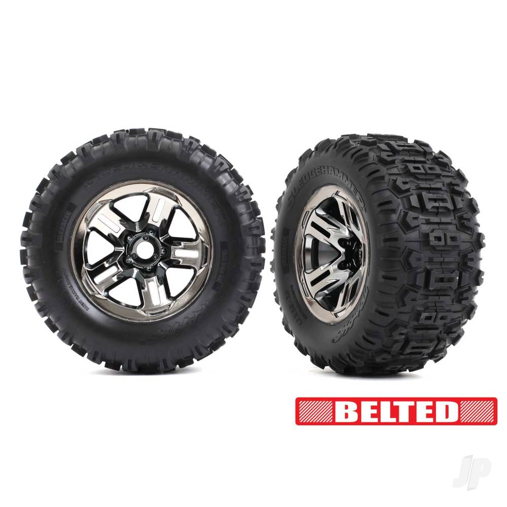 Traxxas Tyres &amp; wheels, assembled, glued (3.8&quot; black chrome wheels, belted Sledgehammer tyres, foam inserts) (2) TRX9573A