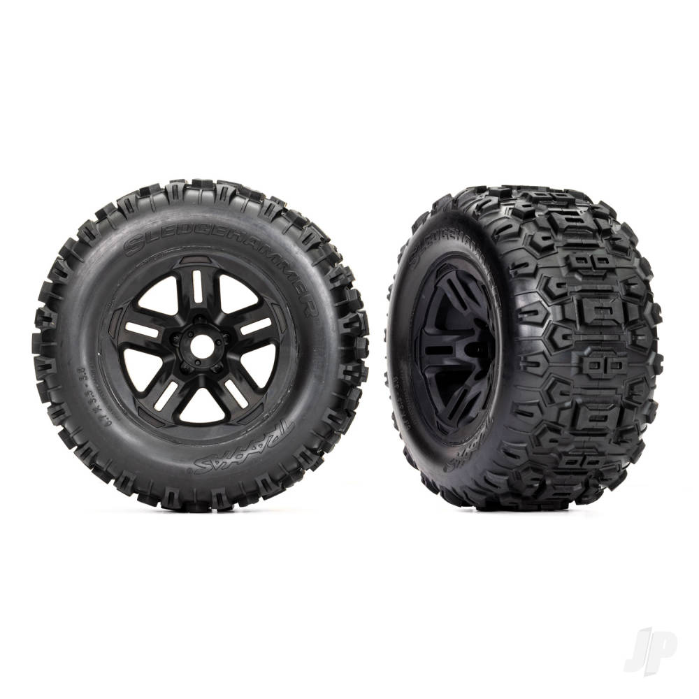 Traxxas Tyres and wheels, assembled, glued (3.8in black wheels, Sledgehammer Tyres, foam inserts) (2) TRX9672