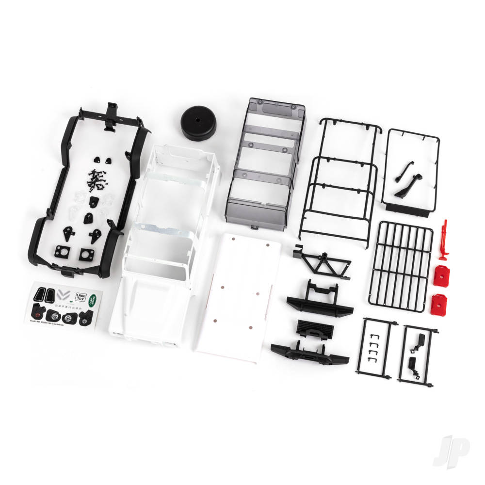 Traxxas Body, Land Rover Defender, complete (white, requires painting) (includes grille, side mirrors, door handles, fender flares, fuel canisters, jack, spare Tyre mount, & clipless mounting) TRX9712