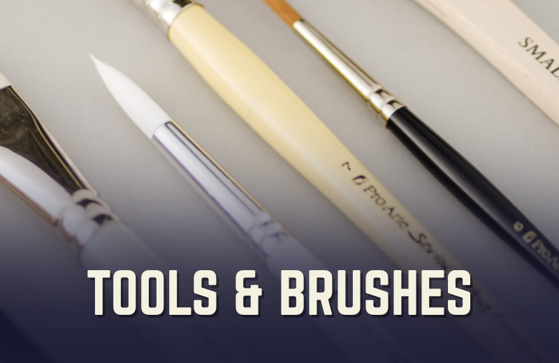 Set of art brushes with visible brand names on a white background, labeled 'Tools & Brushes'.