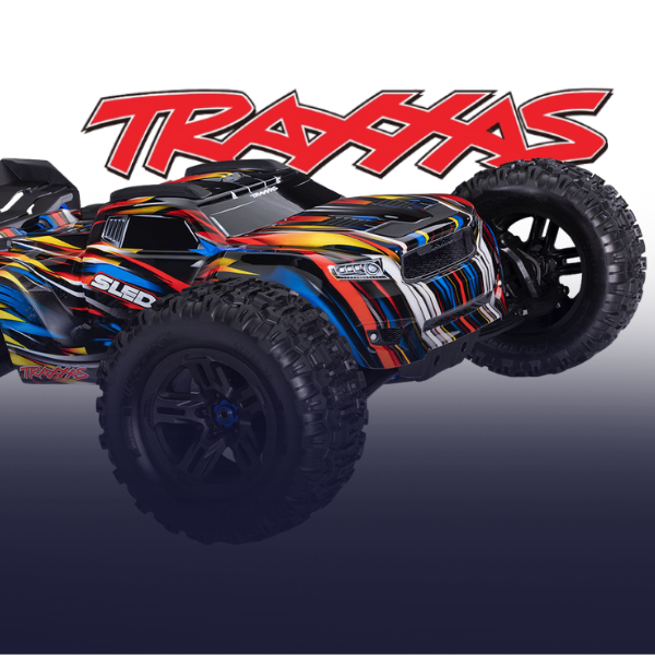 Colorful remote control truck with 'Traxxas' branding on a gradient background