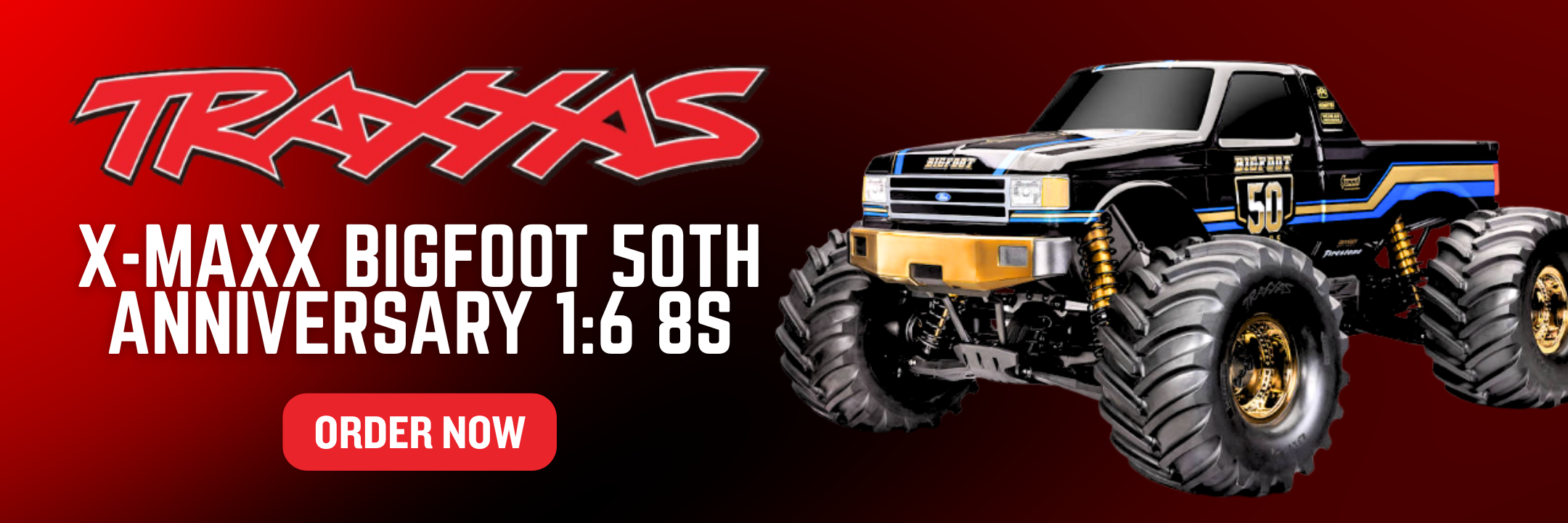 Traxxas X-MAXX Bigfoot 50th Anniversary model truck on a red background with promotional text.