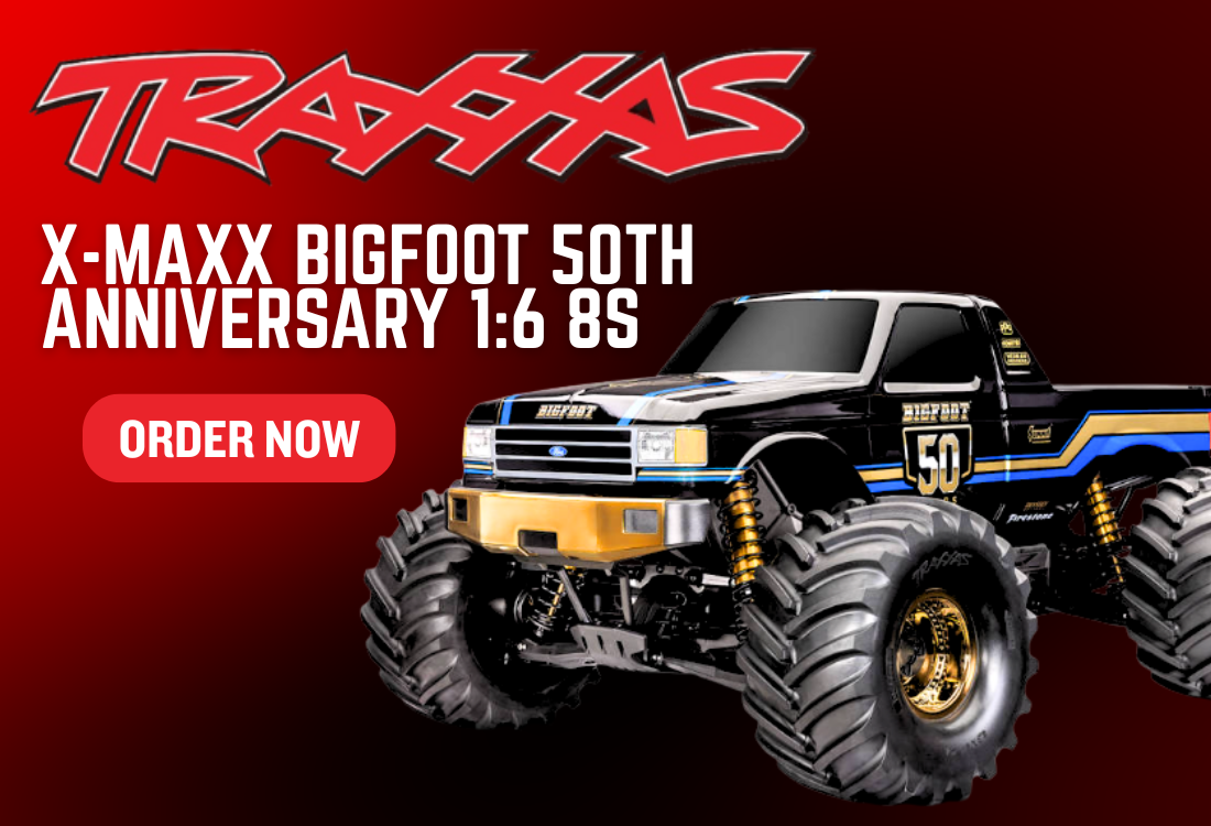Monster truck model with Traxxas branding on a red background