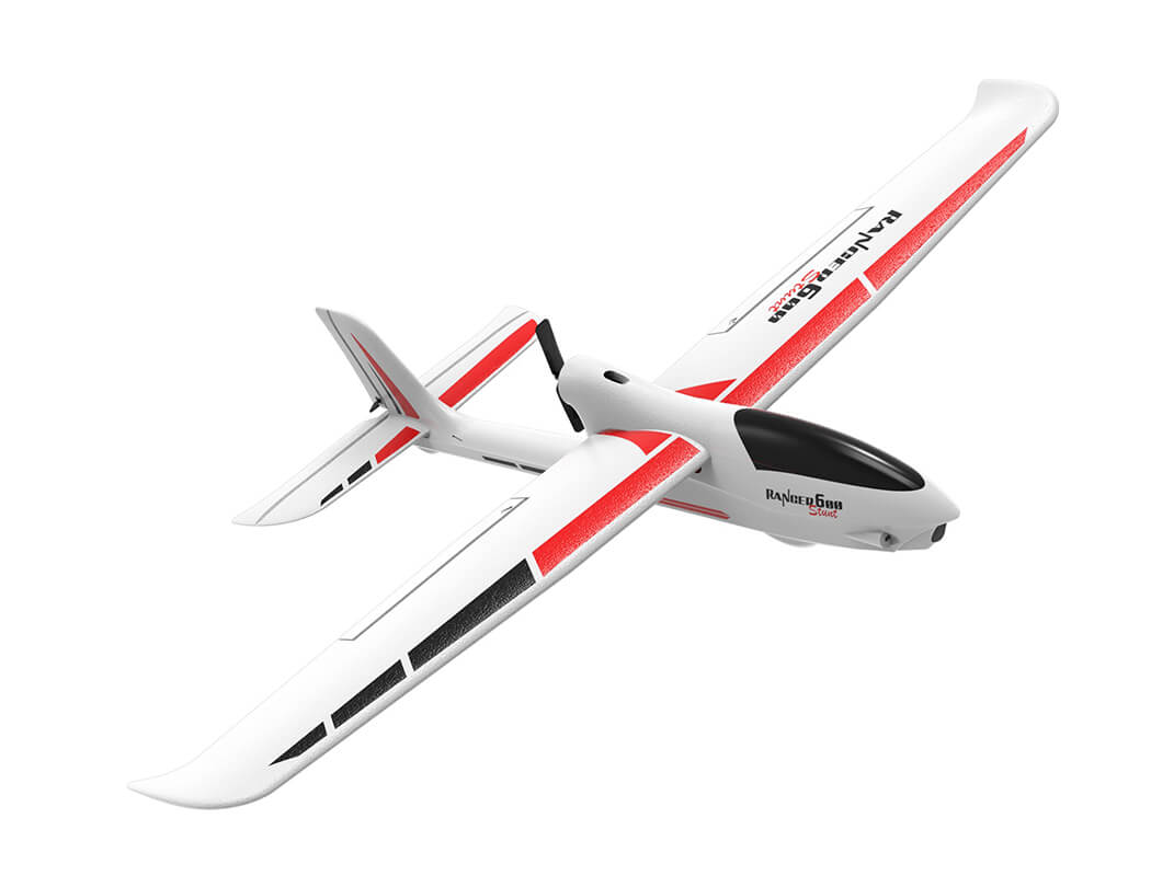 Model airplane with red and black stripes on a white background