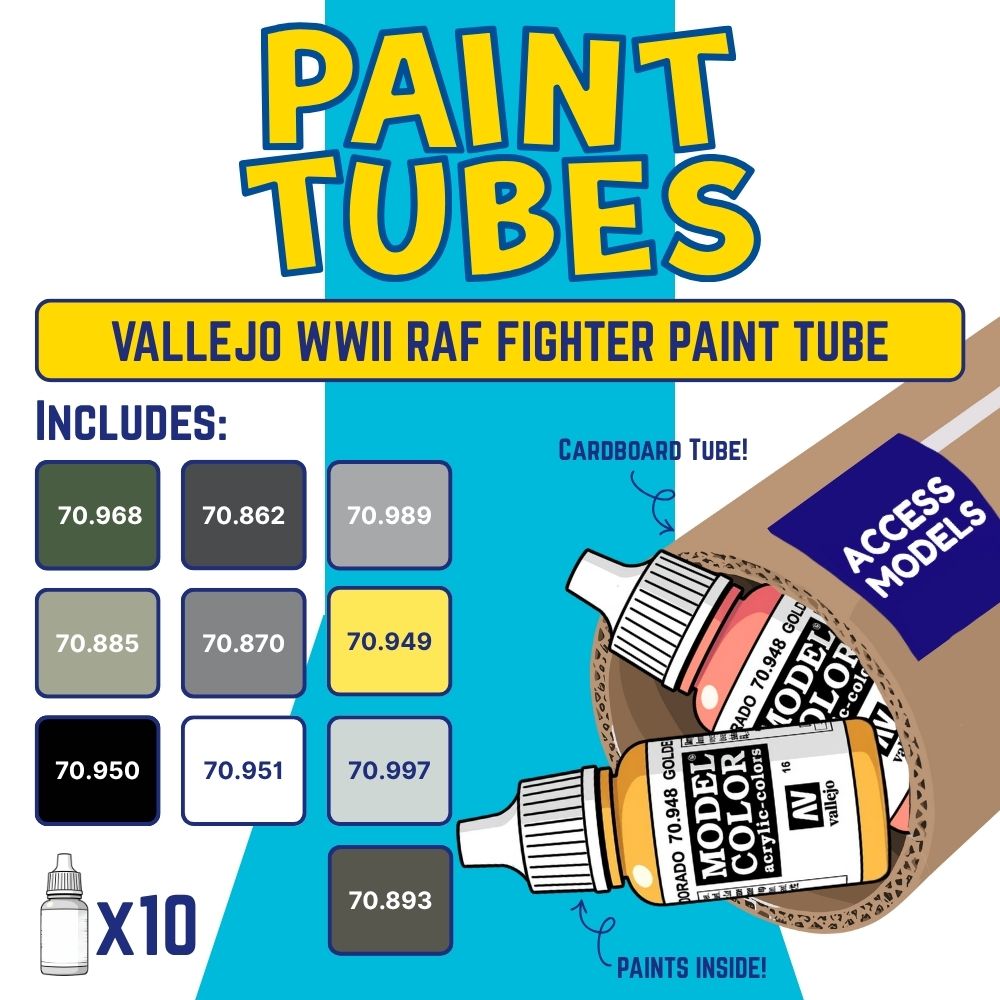 Vallejo WWII RAF Fighter Paint Tube set with paint bottles and color swatches on a blue background