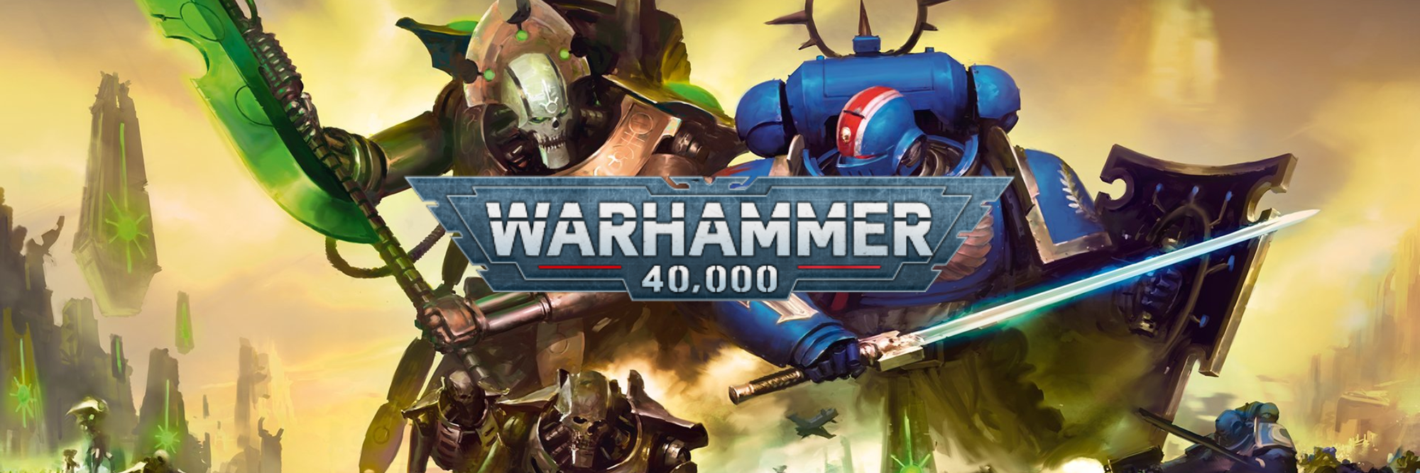 Warhammer 40,000 game cover with warrior holding a sword and banner.