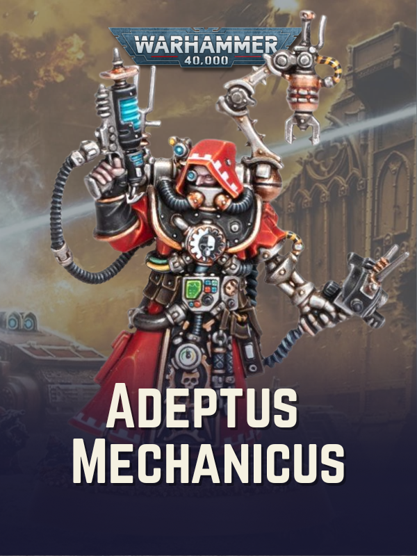 Warhammer 40,000 figurine with 'Adeptus Mechanicus' text on a blurred background