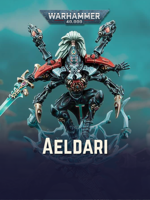 Warhammer 40,000 Aeldari character with weapon on a blue gradient background