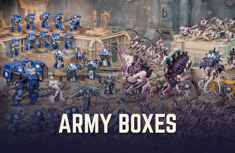 Collection of toy figures in an ornate setting with 'ARMY BOXES' text overlay.