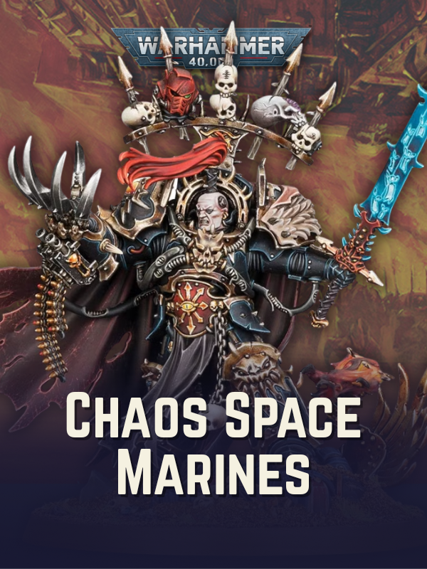 Warhammer 40,000 Chaos Space Marines figurine with detailed armor and weapons on a dark background.