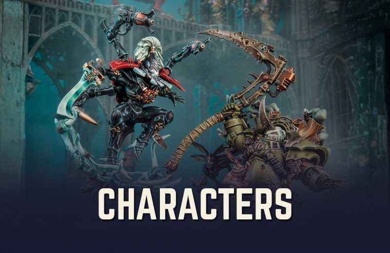 Two fantasy characters with large weapons on a dark background, labeled 'CHARACTERS'.