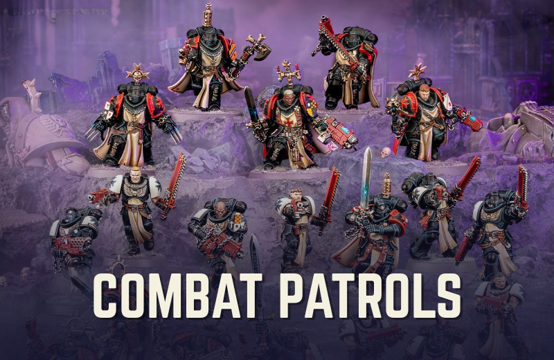 Collection of fantasy action figures with 'Combat Patrols' text on a dark background