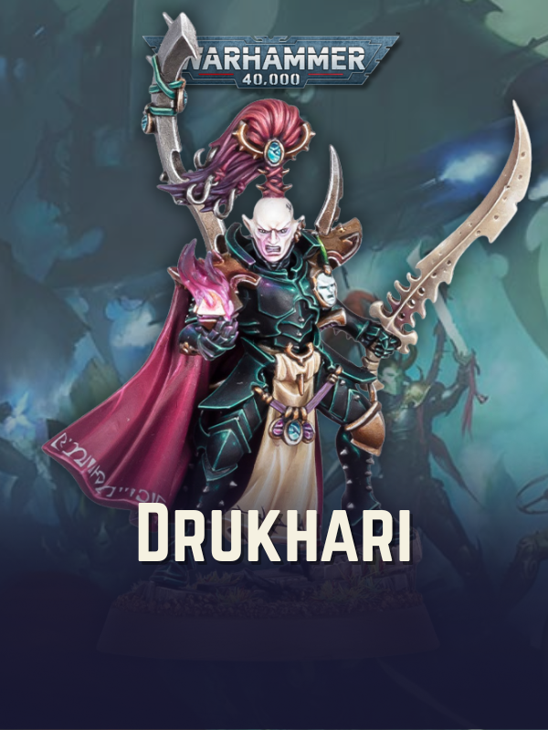 Warhammer 40,000 Drukhari character with a weapon on a dark background