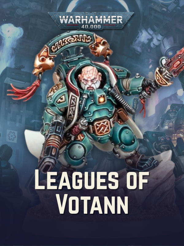 Warhammer 40,000 character with 'Leagues of Votann' text on a blue background