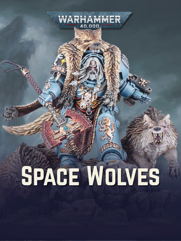 Character from Warhammer 40,000 with Space Wolves text on a dark background