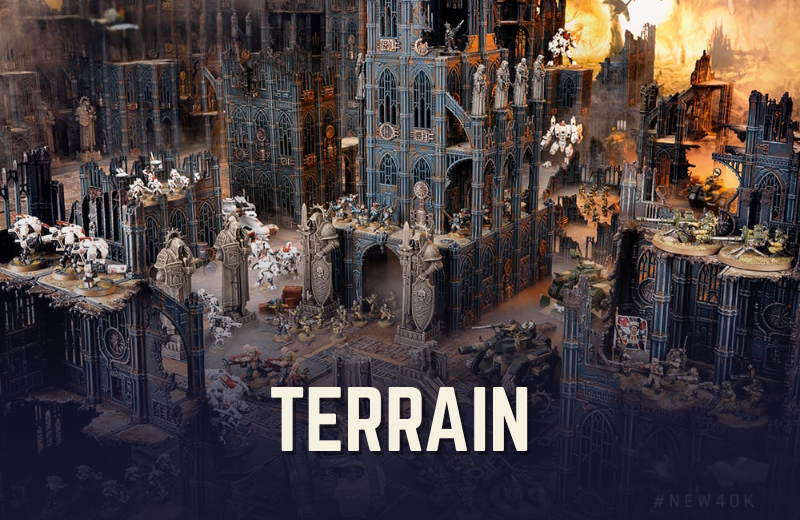 Detailed model terrain with gothic architecture and statues, labeled 'Terrain'.