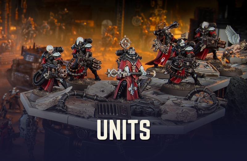 Collection of miniatures on a table with 'UNITS' text in a dark, fiery background