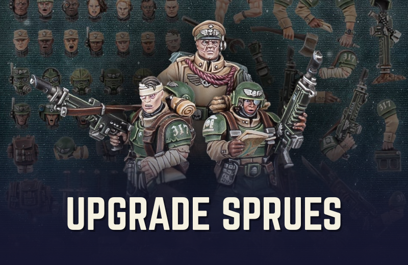 Illustration of characters with weapons and text 'Upgrade Sprues' on a dark background