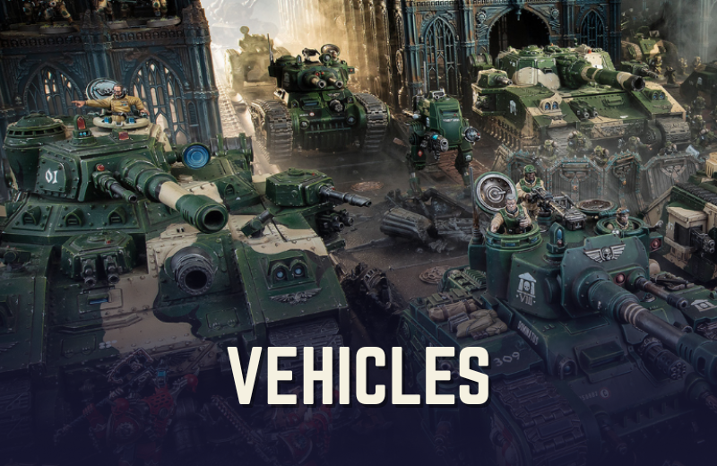 Game-like scene with military vehicles in a fantasy setting, labeled 'VEHICLES'.