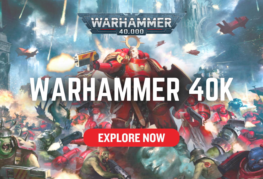 Promotional banner for Warhammer 40K with characters and text 'Explore Now'.
