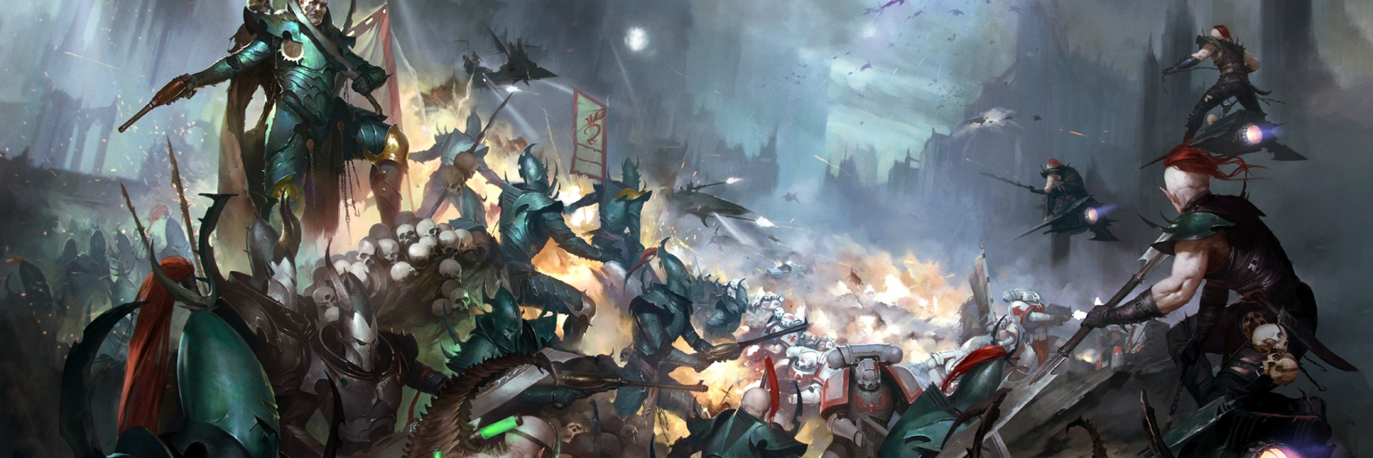 Illustration of a fantasy battle scene with various characters and creatures.