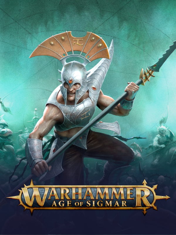 Warhammer Age of Sigmar character with armor and spear on a green and blue gradient background