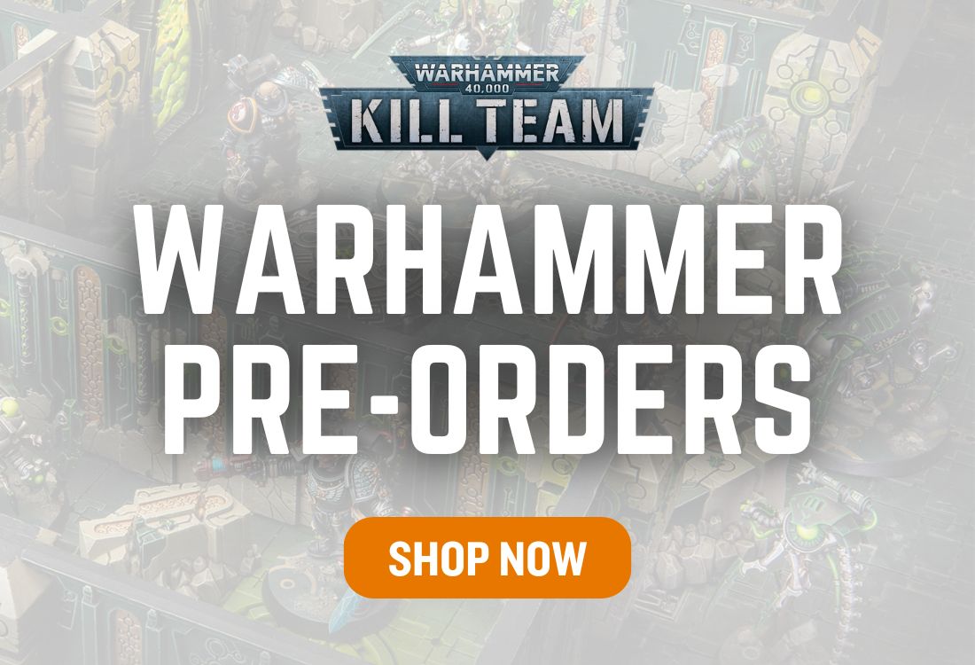 Advertisement for Warhammer pre-orders with 'Shop Now' button on a blurred background.